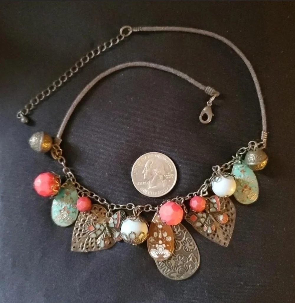 Vintage Enamel Charm Statement Necklace Boho Brass 18